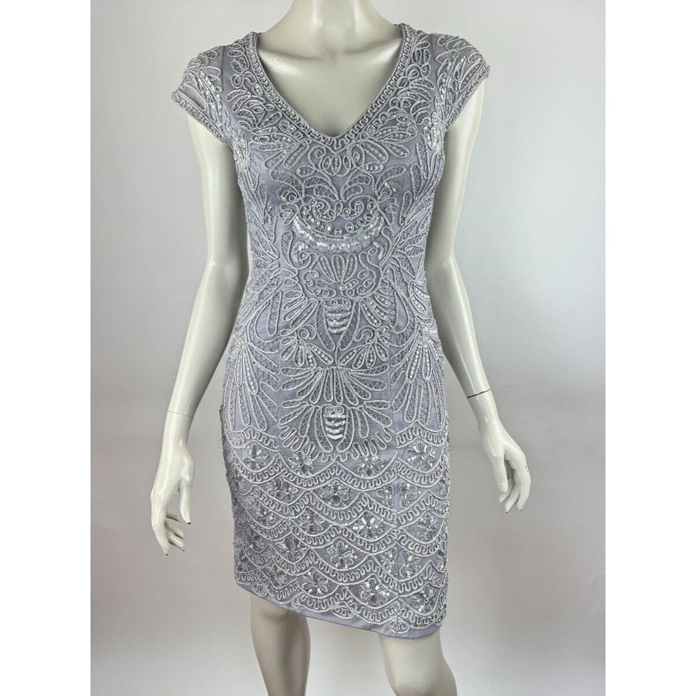 Sue Wong Embroidered V-Neck Sheath Dress Women 0 *Flaws Short Sleeve Embellished
